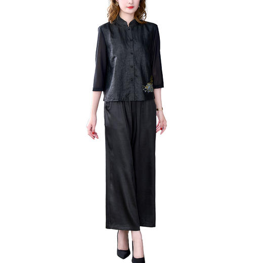 AHM qyy9701新中式复古绣花套装气质衬衣阔腿裤两件套 商品图4