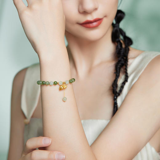 周六福黄金金镶玉手串节节高升竹节女手链和田玉串珠节日礼物 商品图3