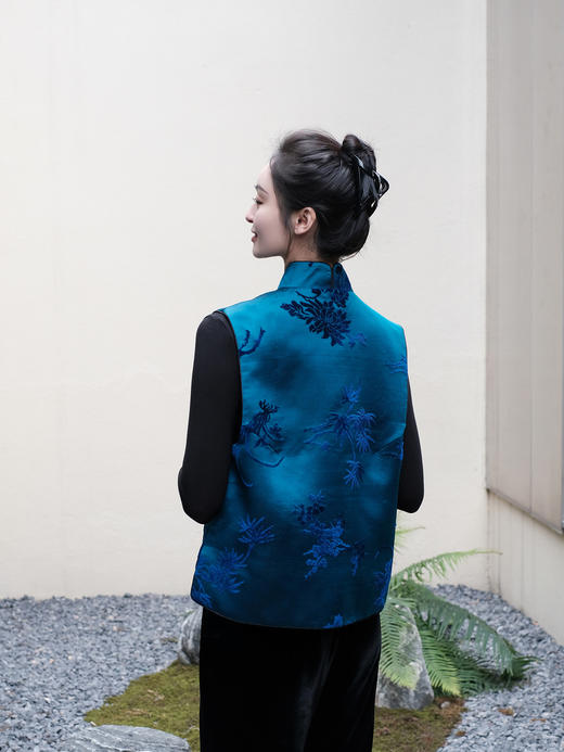 盛唐牡丹 |宝蓝色真丝漳绒马甲 商品图2