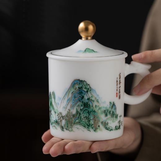 【千里江山图VS富春山居图】冰种玉瓷龙珠办公杯，堆金工艺 触感立体，温润通透 精工复刻，包装精致 gao端好礼 商品图8