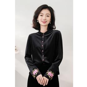西子/【夜与蔷薇】进口韩国绒丝绒刺绣中式水晶扣衬衣上衣开衫/WTBH498
