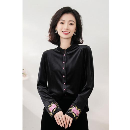 西子/【夜与蔷薇】进口韩国绒丝绒刺绣中式水晶扣衬衣上衣开衫/WTBH498 商品图0