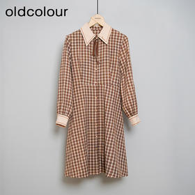 oldcolour格子连衣裙高腰减龄时尚气质长袖中长裙女DN13103008