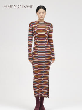 sandriver西藏羊绒彩色条纹超长连衣裙