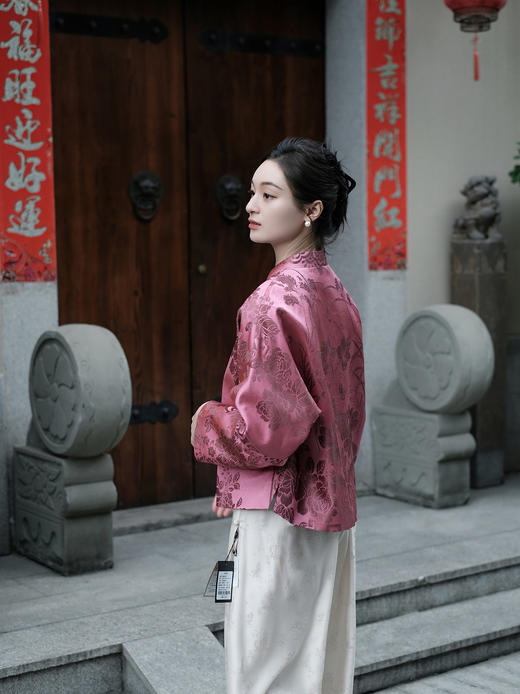 临时|盛唐婧|重磅桑蚕丝老缎新中式对花外套-牡丹色 商品图4