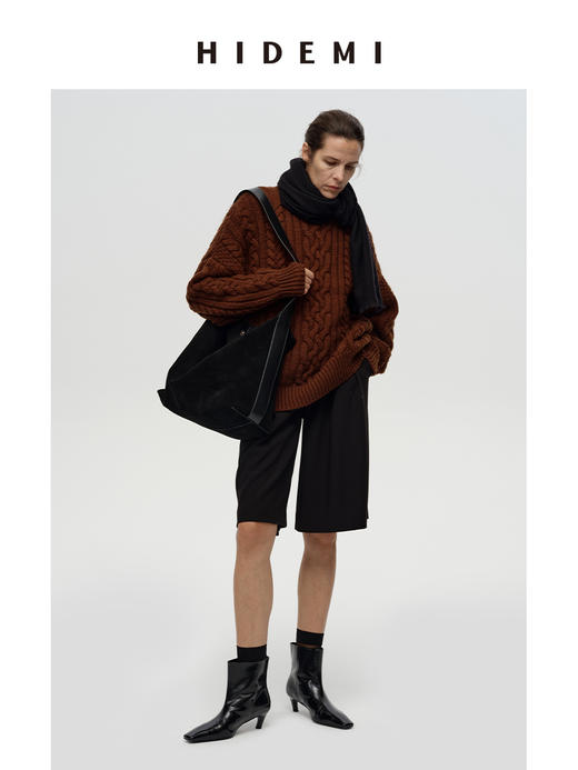 HIDEMI 极简中低腰可再生斜纹中厚款中低腰双压褶阔腿中裤  黑色/深灰色 商品图12