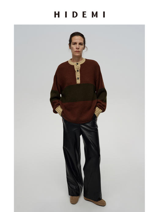 HIDEMI 进口澳洲美利奴羊毛趣味手绘拼色加厚款廓形松弛感亨利领大毛衣 蓝灰色\棕绿色 商品图7