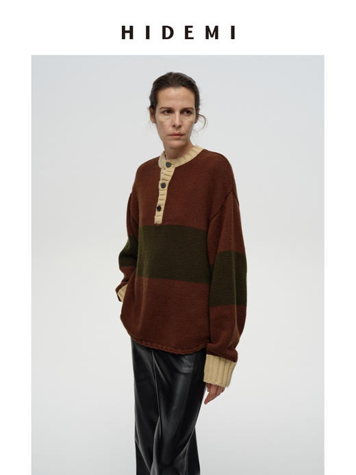 HIDEMI 进口澳洲美利奴羊毛趣味手绘拼色加厚款廓形松弛感亨利领大毛衣 蓝灰色\棕绿色 商品图8