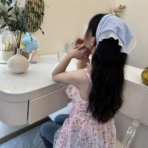 【甜美ins法式头巾发箍】法式蓝色格子蕾丝头巾发箍，小清新超百搭，海边氛围感三角巾女包头头箍田园风发带QQ 商品图1