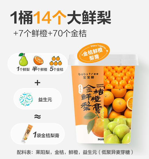 【3件起拍 | 单件不发货】宝宝树 益生元金桔鲜橙梨膏 / 益生元莱阳梨膏 / 益生元苹果山楂膏 14条/桶 商品图3