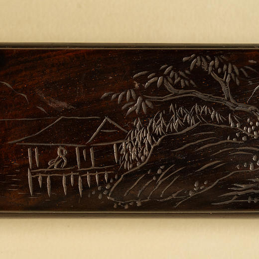 清 紫檀阴刻山水人物带暗屉臂搁 商品图3