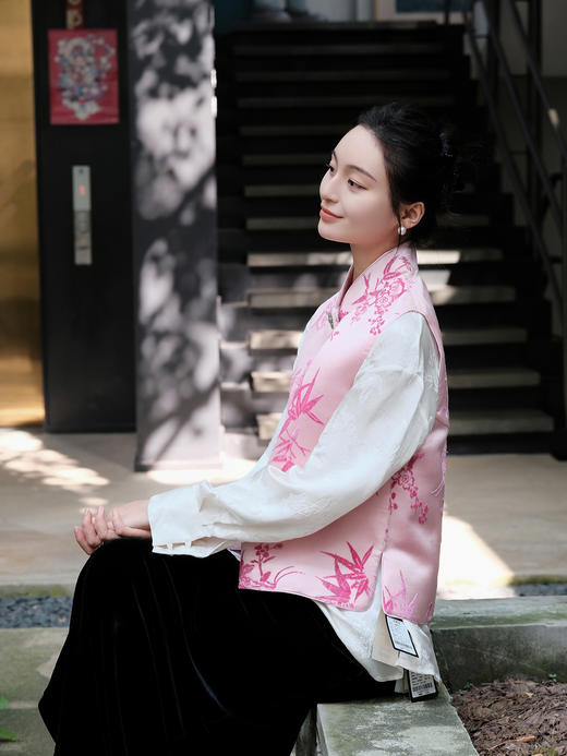 盛唐牡丹 |粉红底色真丝漳绒马甲 商品图0