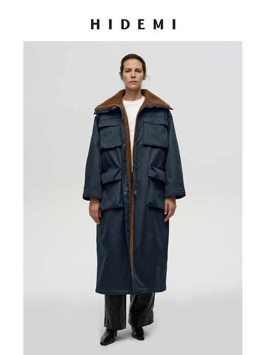 HIDEMI 立体大口袋工装设计感毛绒内胆加厚款拉链式长款大衣外套 商品图3