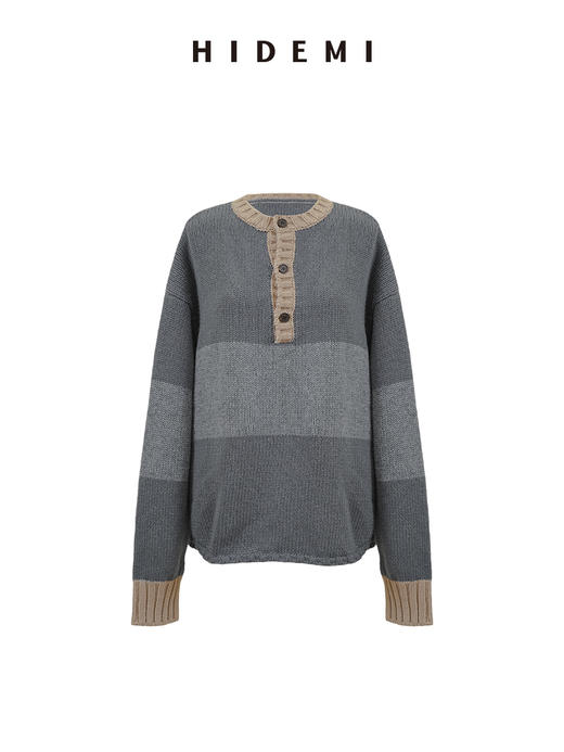 HIDEMI 进口澳洲美利奴羊毛趣味手绘拼色加厚款廓形松弛感亨利领大毛衣 蓝灰色\棕绿色 商品图10