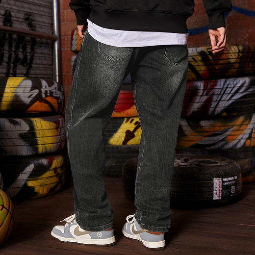 有志者UZIS美式直筒牛仔裤男休闲宽松复古水洗做旧抽绳阔腿裤星芒 商品图2