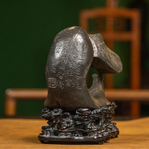 清 灵璧石诗文文房赏石（红木座） 商品图4