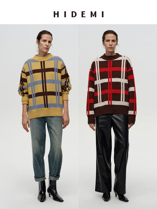 HIDEMI 进口澳洲美利奴羊毛趣味手绘格纹设计感撞色加厚款廓形套头大毛衣   红棕白\黄棕蓝 商品图0
