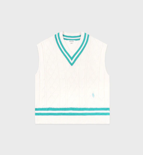 Sporty & Rich - SRC Cableknit Vest - Off White/Caribbean - 女装 - 背心 - 椰奶白
