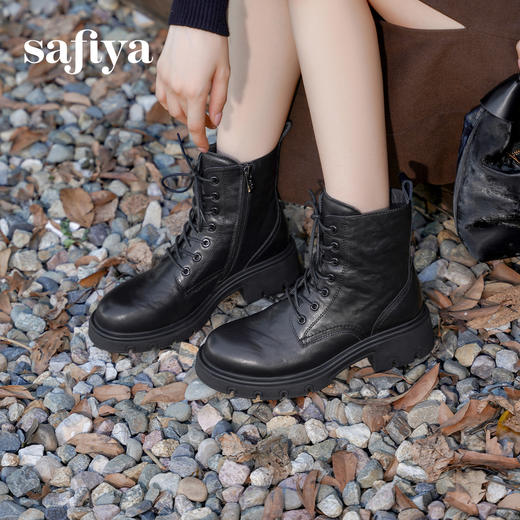Safiya/索菲娅2024冬英伦风真皮褶皱做旧复古厚底马丁靴 SF44116265 商品图2