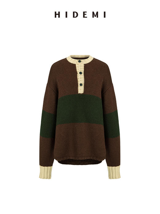 HIDEMI 进口澳洲美利奴羊毛趣味手绘拼色加厚款廓形松弛感亨利领大毛衣 蓝灰色\棕绿色 商品图9