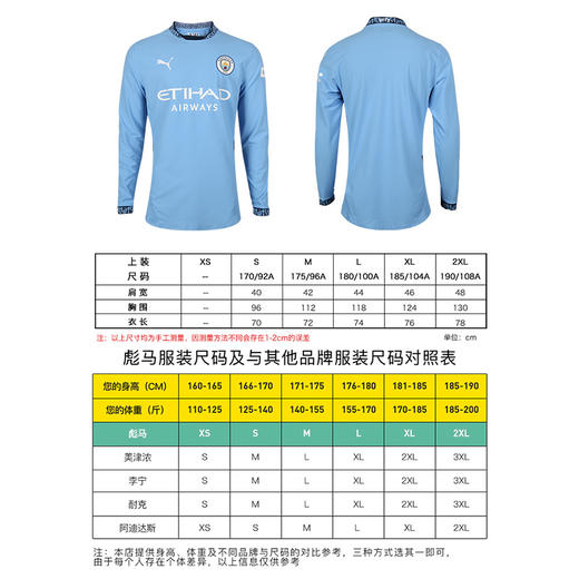小李子PUMA彪马24-25赛季曼城主场球员版球衣比赛长袖成人男77518301 商品图3