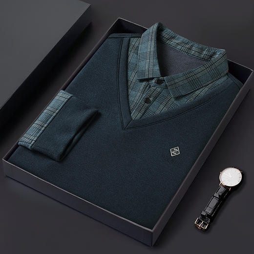 【加绒】【新款DWP】大依优型大码假两件长袖T恤衬衫领卫衣男装加肥加大体恤大号上衣胖子商务休闲 商品图5