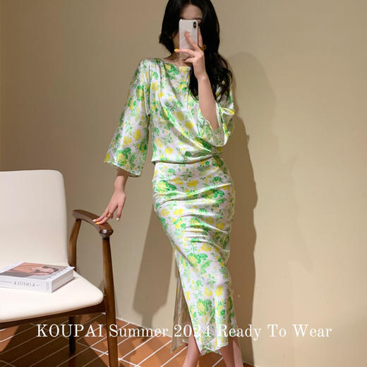 【顺丰包邮】14936 洛诗琳清新真丝弹力缎印花不规则桑蚕丝连衣裙1169 商品图1