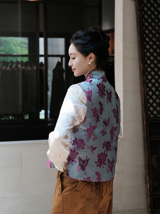 盛唐牡丹 |秋波蓝底色真丝漳绒马甲 商品图3