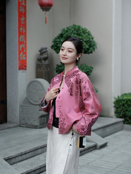 临时|盛唐婧|重磅桑蚕丝老缎新中式对花外套-牡丹色 商品图0