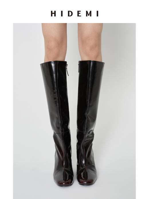 HIDEMI 极简方圆头进口牛皮高筒高跟长靴马靴 黑色牛皮\擦色酒红 商品图8