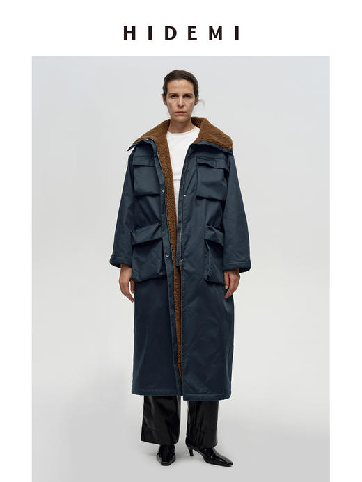 HIDEMI 立体大口袋工装设计感毛绒内胆加厚款拉链式长款大衣外套 商品图2