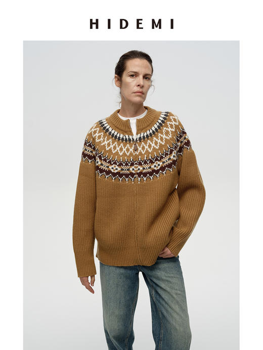HIDEMI 澳洲进口美利奴羊毛手绘复古费尔岛提花多股粗砂纱加厚款毛衣大外套/针织毛线帽套装 卡其色\灰色 商品图8
