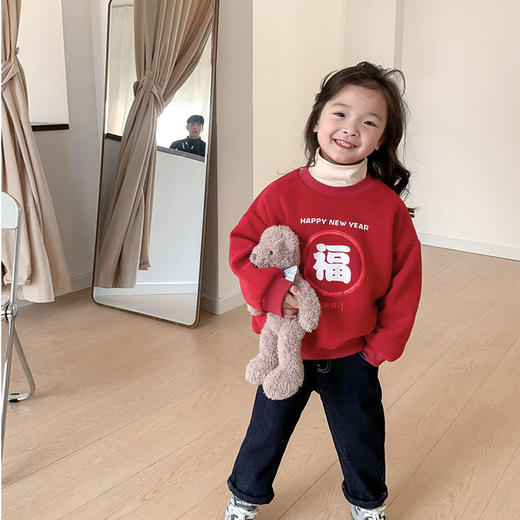 【新年快乐！新年特别限定卫衣】新款女童过年平安喜乐卫衣 加绒加厚圆领拜年服 红色宝宝儿童上衣潮流单品-QQ 商品图5