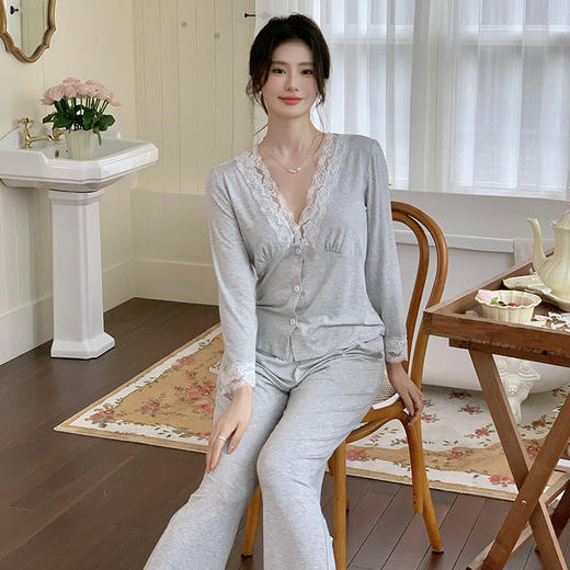 【秋冬严选！蕾丝开衫家居服套装】法式睡衣睡裤女V领棉质春秋季薄款长袖长裤可外穿 商品图0