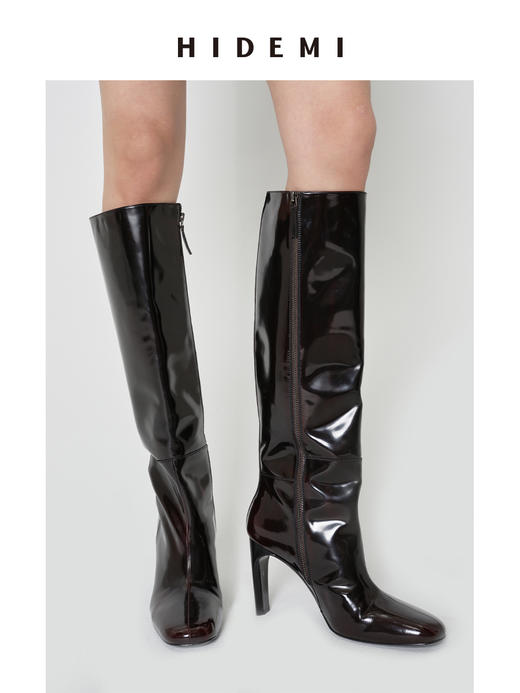 HIDEMI 极简方圆头进口牛皮高筒高跟长靴马靴 黑色牛皮\擦色酒红 商品图7