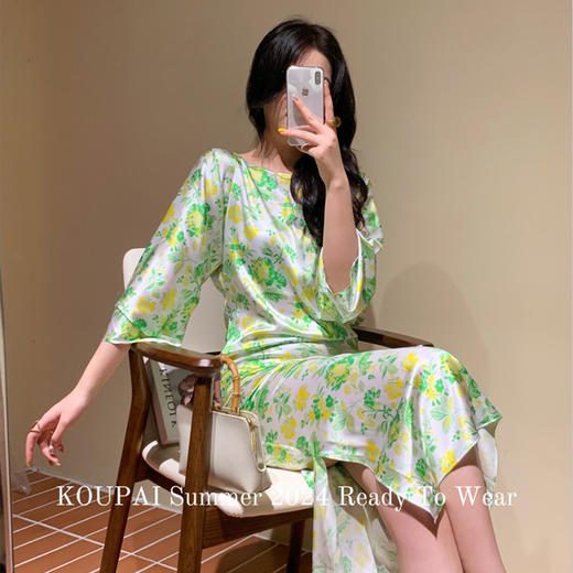 【顺丰包邮】14936 洛诗琳清新真丝弹力缎印花不规则桑蚕丝连衣裙1169 商品图0