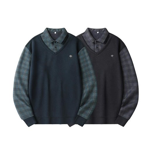 【加绒】【新款DWP】大依优型大码假两件长袖T恤衬衫领卫衣男装加肥加大体恤大号上衣胖子商务休闲 商品图1