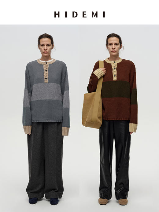 HIDEMI 进口澳洲美利奴羊毛趣味手绘拼色加厚款廓形松弛感亨利领大毛衣 蓝灰色\棕绿色 商品图0