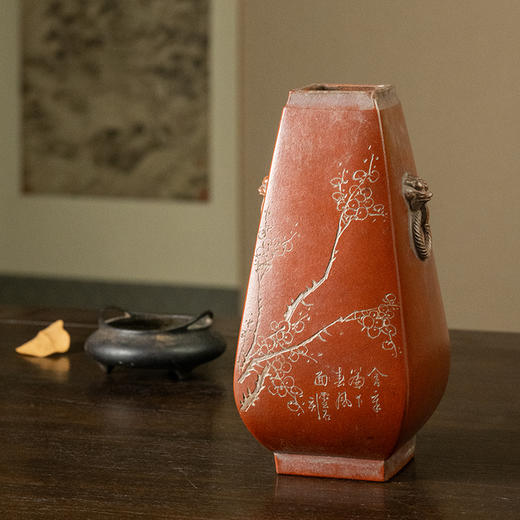 民国 紫砂阴刻梅花诗文方形赏瓶 商品图4
