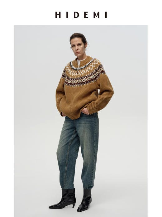 HIDEMI 澳洲进口美利奴羊毛手绘复古费尔岛提花多股粗砂纱加厚款毛衣大外套/针织毛线帽套装 卡其色\灰色 商品图10