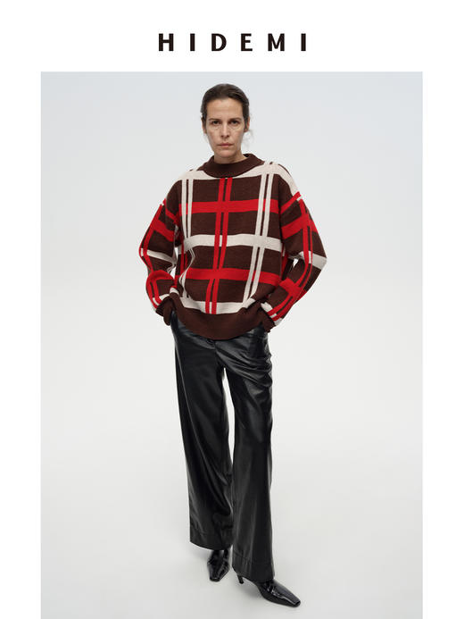 HIDEMI 进口澳洲美利奴羊毛趣味手绘格纹设计感撞色加厚款廓形套头大毛衣   红棕白\黄棕蓝 商品图5