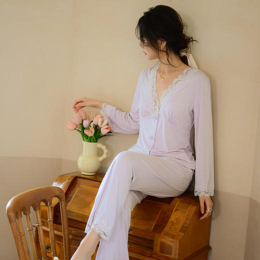 【秋冬严选！蕾丝开衫家居服套装】法式睡衣睡裤女V领棉质春秋季薄款长袖长裤可外穿 商品图4