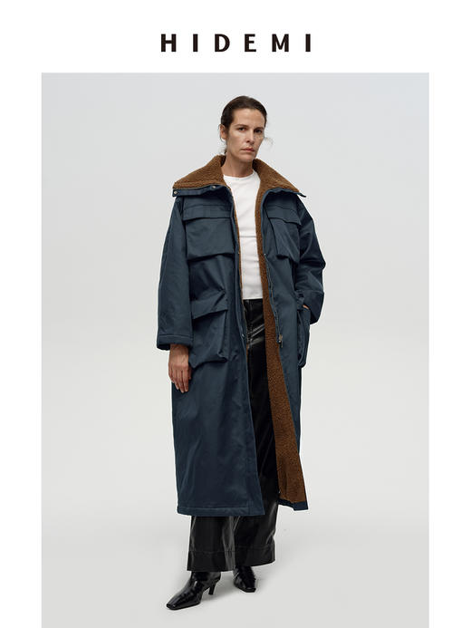 HIDEMI 立体大口袋工装设计感毛绒内胆加厚款拉链式长款大衣外套 商品图0
