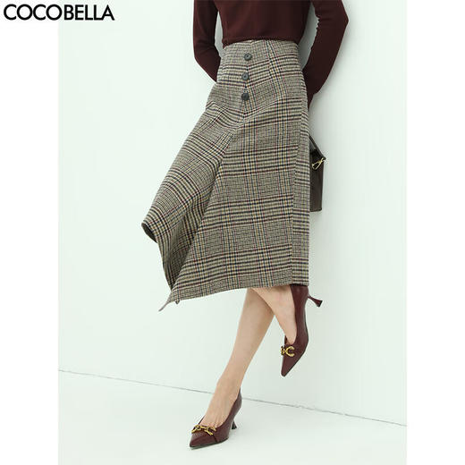 【有赞】HS95COCOBELLA千鸟格不规则半身裙高腰通勤毛呢西装裙 商品图0