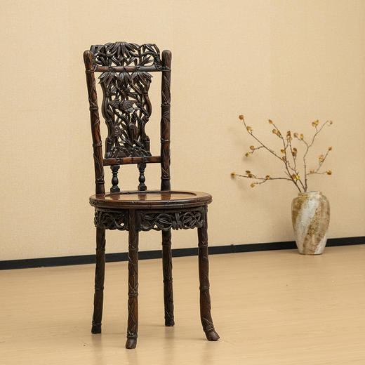 清 红木透雕仙鹤竹叶纹圆座靠背椅 商品图0