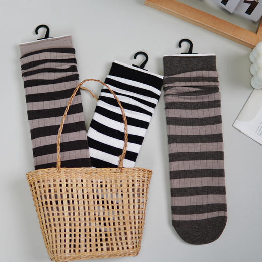 女【2双装 6双6折】丨女士秋冬中筒袜堆堆袜中长筒棉袜条纹袜子女袜【2422207】 商品图1