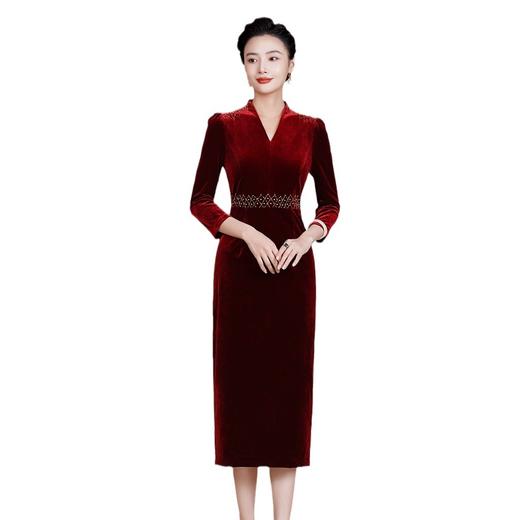 HYX-24-7879秋冬新款改良韩国绒喜婆婆喜妈妈旗袍裙大码婚宴礼服中长款 商品图4