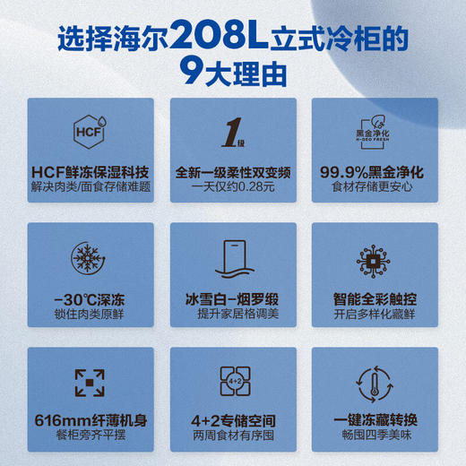 海尔（Haier）208升一级能效风冷家用立式冰柜 冷藏冷冻柜抽屉式冷柜小冰柜家用小冰箱BD-208WGHW1 商品图2