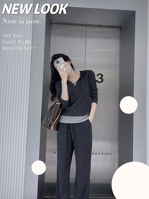 【满满松弛感，秋季懒人穿搭】爆款糯米套装 连帽假两件/三件套 直通阔腿裤 柔软舒适 弹性好不挑身材 商品图3