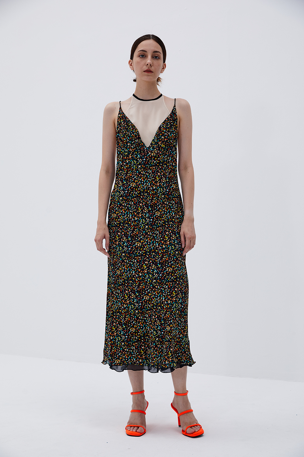 深V碎花撞色挂脖背心长裙